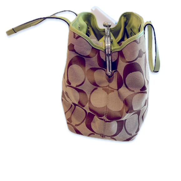 COACH signature beige fabric and lime green stripe bag, EUC - Picture 4 of 16